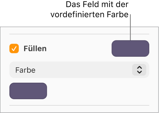 Das Markierungsfeld „Füllen“ ist aktiviert und das Feld mit der vordefinierten Farbe rechts neben dem Markierungsfeld ist mit violett gefüllt. Unter dem Markierungsfeld ist „Farbe“ im Einblendmenü ausgewählt.
