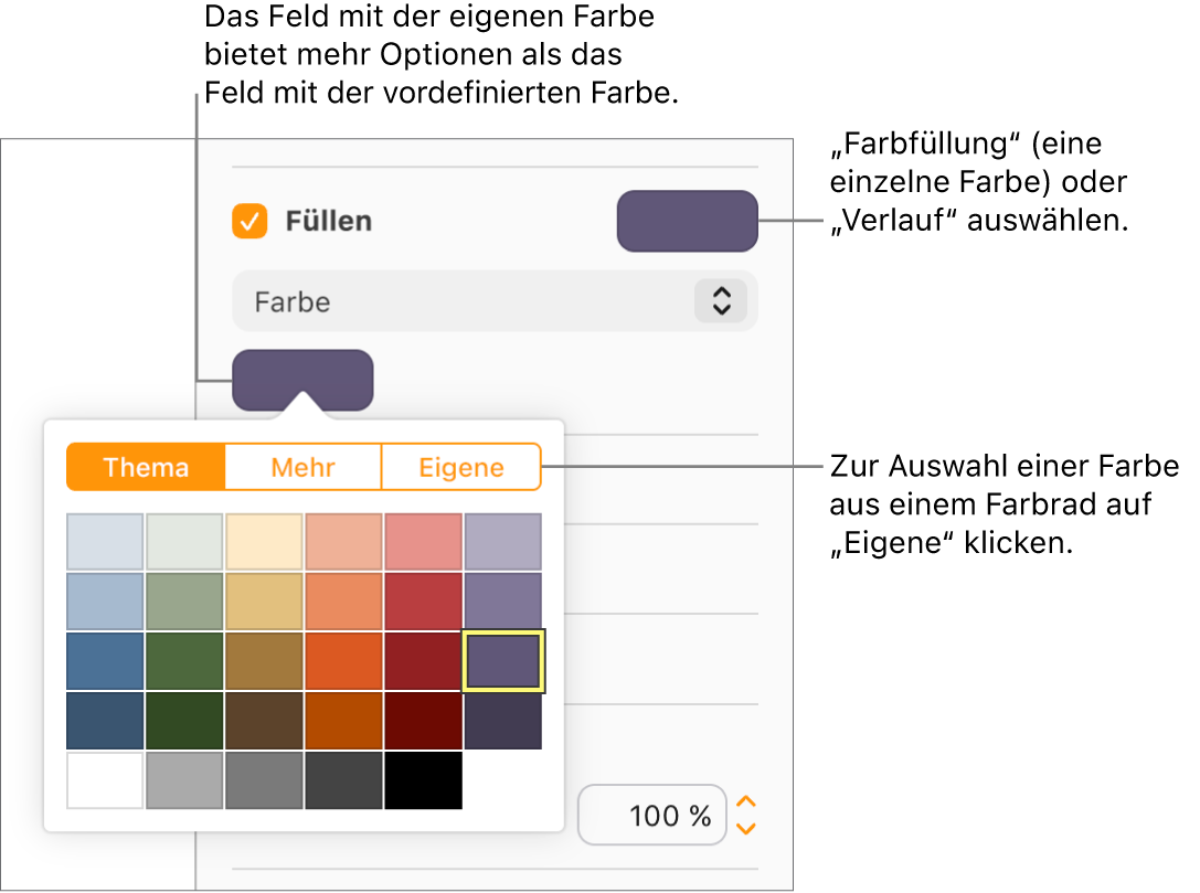 „Farbe“ ist im Einblendmenü unter dem Markierungsfeld „Füllen“ ausgewählt und das Farbfeld unter dem Einblendmenü zeigt weitere Farbfülloptionen an.