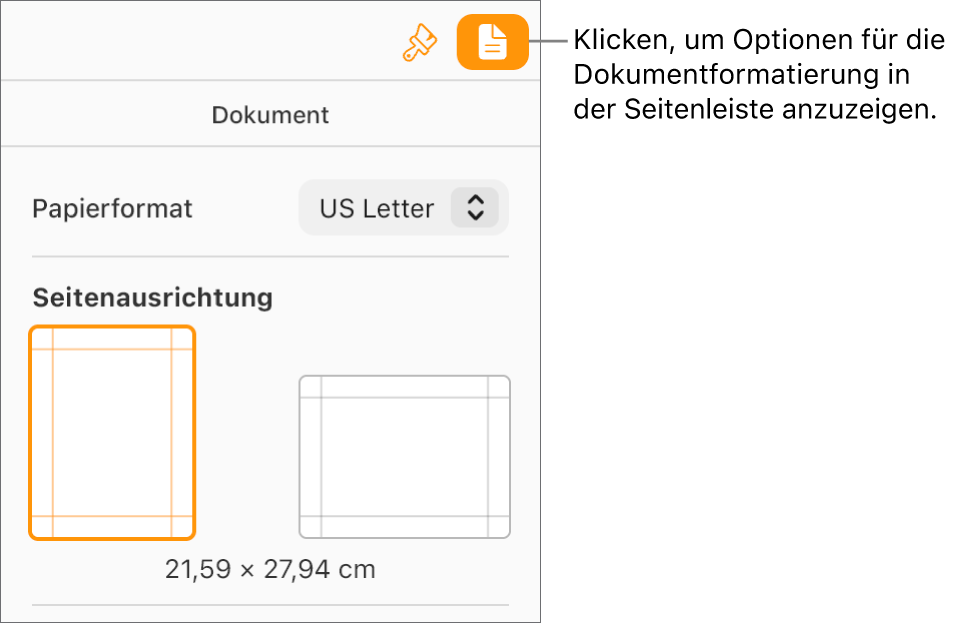 Die Taste „Dokument“ ist in der Symbolleiste aktiviert. Die Steuerelemente zum Ändern des Papierformats und der Ausrichtung erscheinen im Tab „Dokument“ der Seitenleiste.