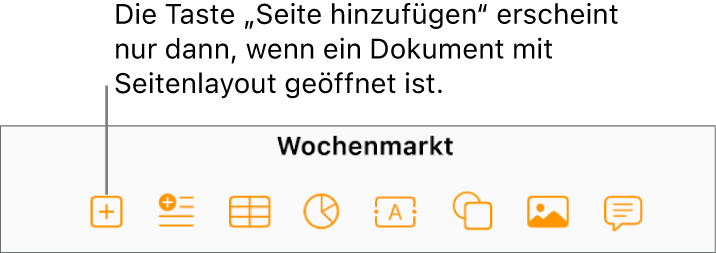 Der mittlere Teil der Symbolleiste eines Dokuments mit Seitenlayout, mit einer Taste „Seite hinzufügen“ links von der Taste „Einfügen“.
