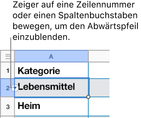 Eine Zeilennummer wurde in der Tabelle gewählt und ein Abwärtspfeil ist auf der rechten Seite nun sichtbar.