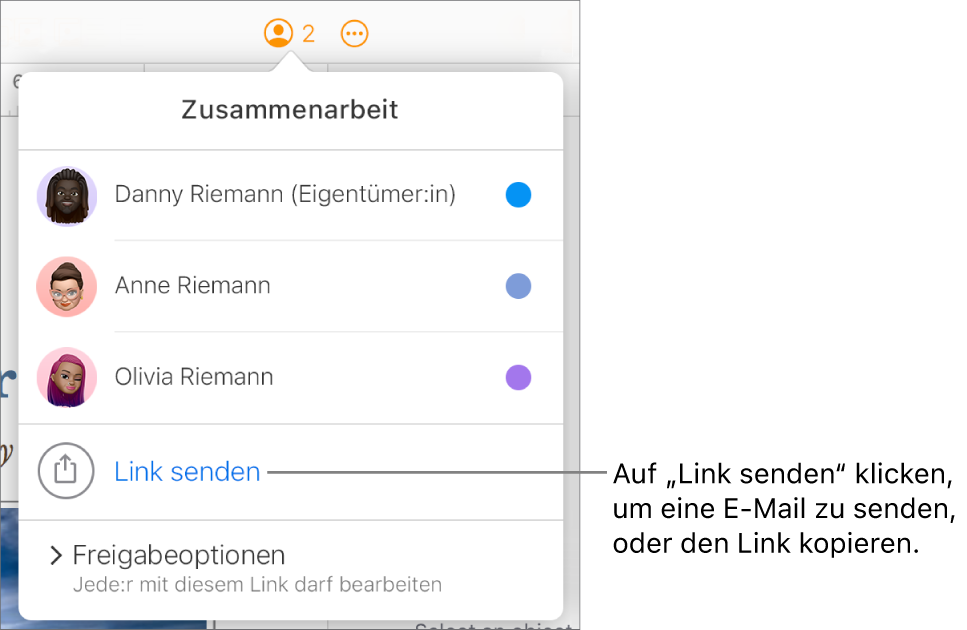 Das Menü „Zusammenarbeit“ ist geöffnet, mit einer Option „Link senden“ unter der Teilnehmerliste.