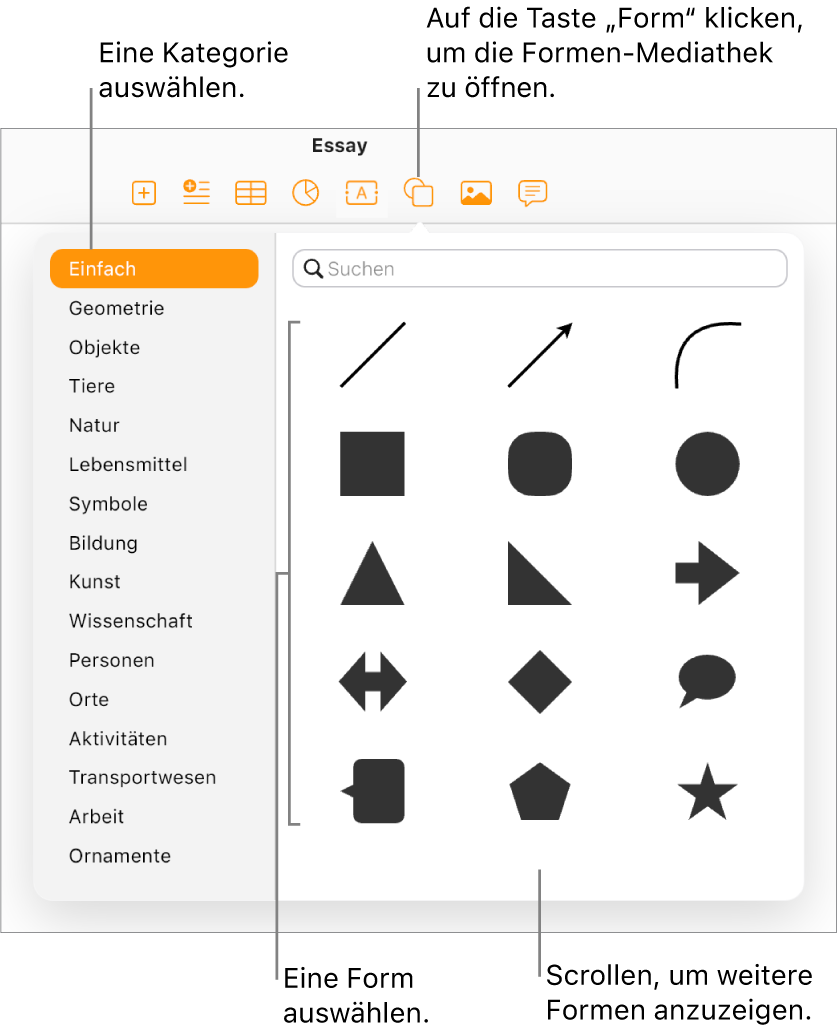 Die Formen-Mediathek ist unterhalb der Taste „Form“ in der Symbolleiste geöffnet. Die Kategorie „Einfach“ ist auf der linken Seite ausgewählt und einige gängige Formen (unter anderem Kreise, Quadrate und Linien) werden auf der rechten Seite angezeigt.