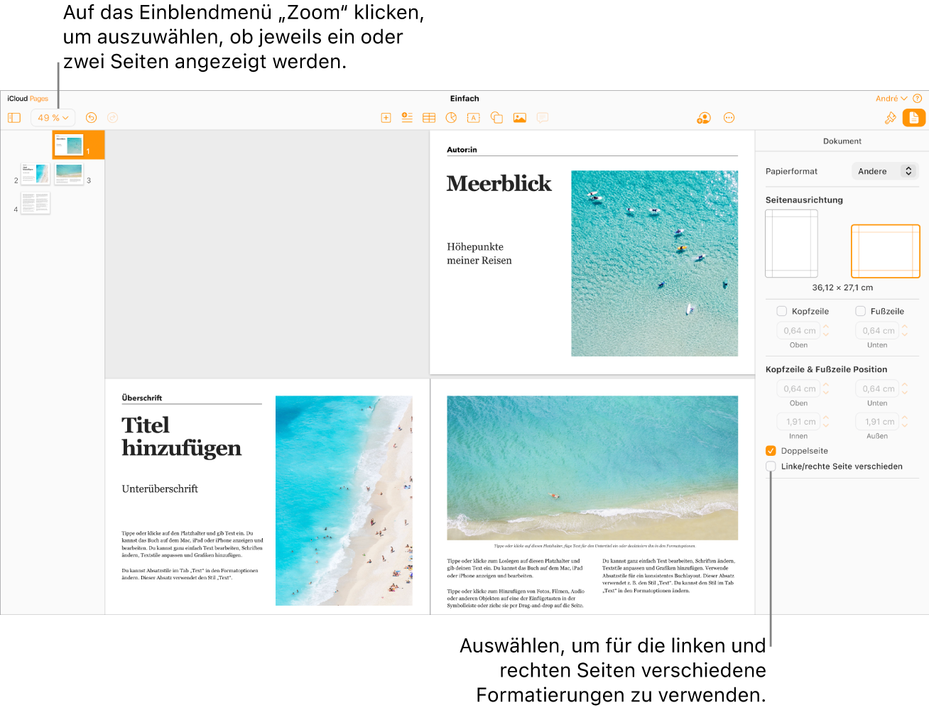 Das „Pages für iCloud“-Fenster mit Seitenminiaturen und Dokumentseiten, die als Doppelseiten angezeigt werden. In der Seitenleiste „Dokument“ rechts ist das Feld „Linke u. rechte Seiten unterschiedlich“ nicht markiert.