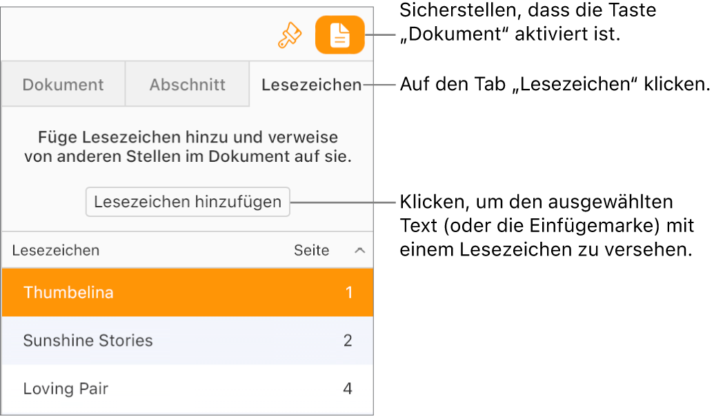 Der Tab „Lesezeichen“ ist in der Seitenleiste „Dokument“ ausgewählt. Die Taste „Lesezeichen hinzufügen“ wird über einer Liste von Lesezeichen angezeigt, die dem Dokument bereits hinzugefügt wurden.