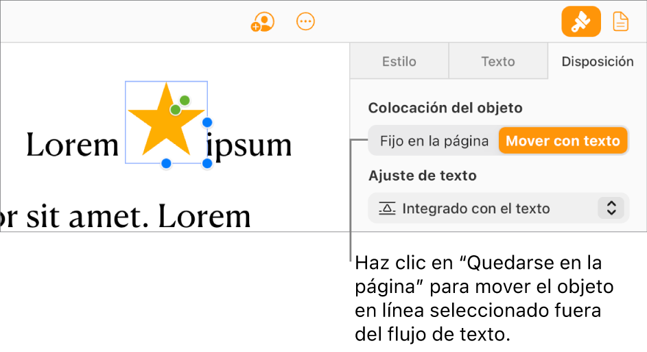 Hay una imagen integrada seleccionada dentro del cuerpo del documento y el botón “Fijo en la pág.” está visible en la pestaña Disposición de la barra lateral.