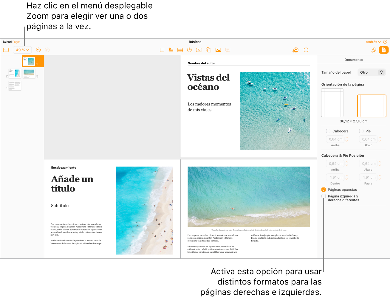 La ventana de Pages para iCloud con las miniaturas de páginas y las páginas del documento en vista de doble página. En la barra lateral Documento de la derecha, está sin activar la casilla “Páginas izquierda y derecha diferentes”.