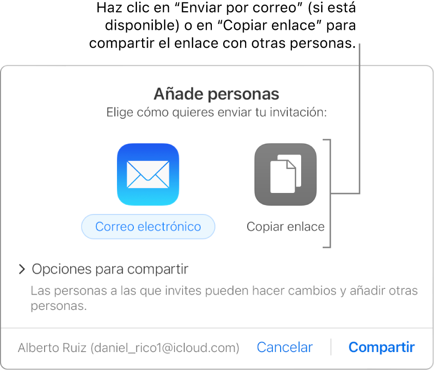 La ventana que se muestra al hacer clic en el botón Colaboración de la barra de herramientas (antes de compartir un documento). Los botones Correo electrónico y Copiar enlace permiten elegir cómo compartir el documento.