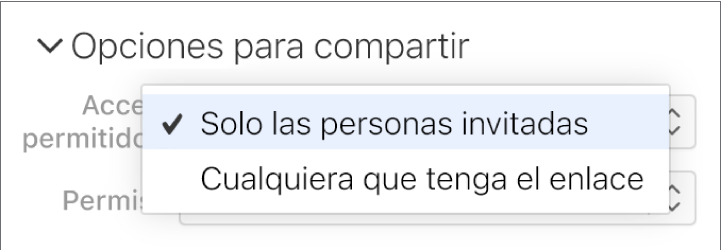 Menú emergente “Quién tiene acceso” en las “Opciones para compartir”.