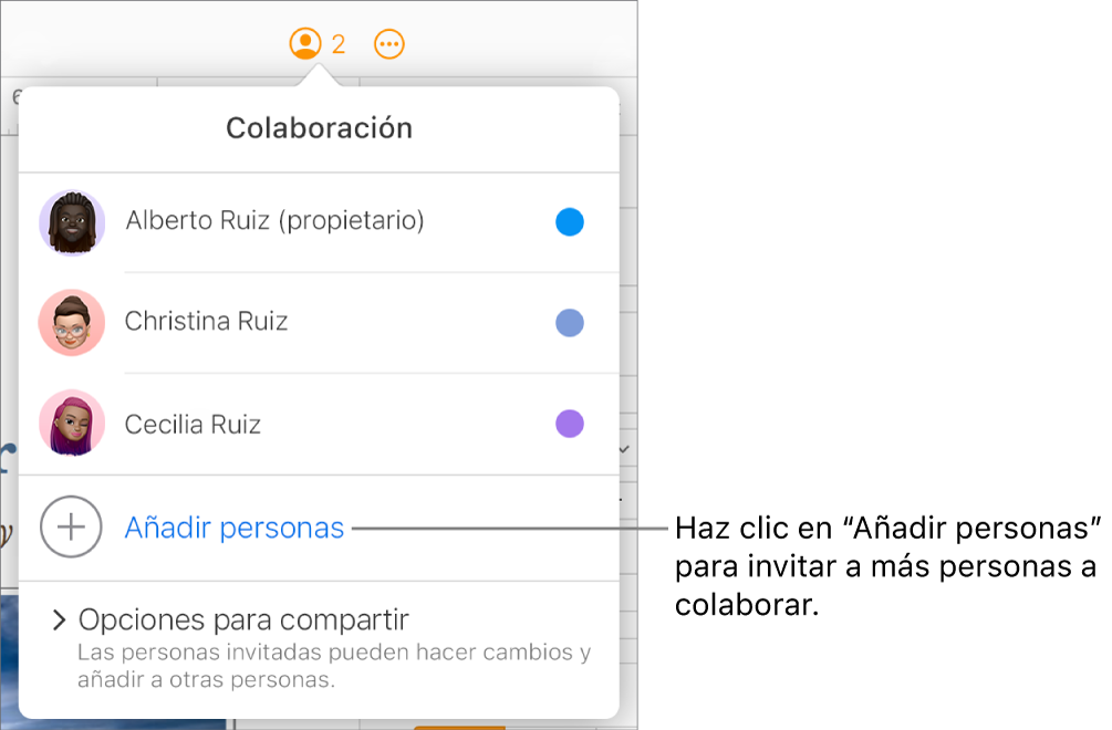 El menú Colaboración abierto con la opción “Añadir personas” debajo de la lista de participantes.