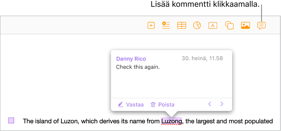 Dokumentin tekstiin on lisätty kommentti. Teksti on korostettu. Lisäksi vasemmassa reunassa näytetään neliömerkintä.