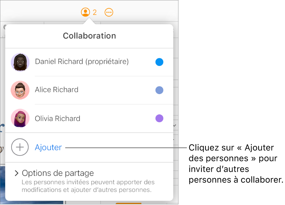 Le menu Collaboration est ouvert, avec une option Ajouter des personnes sous la liste des participants.