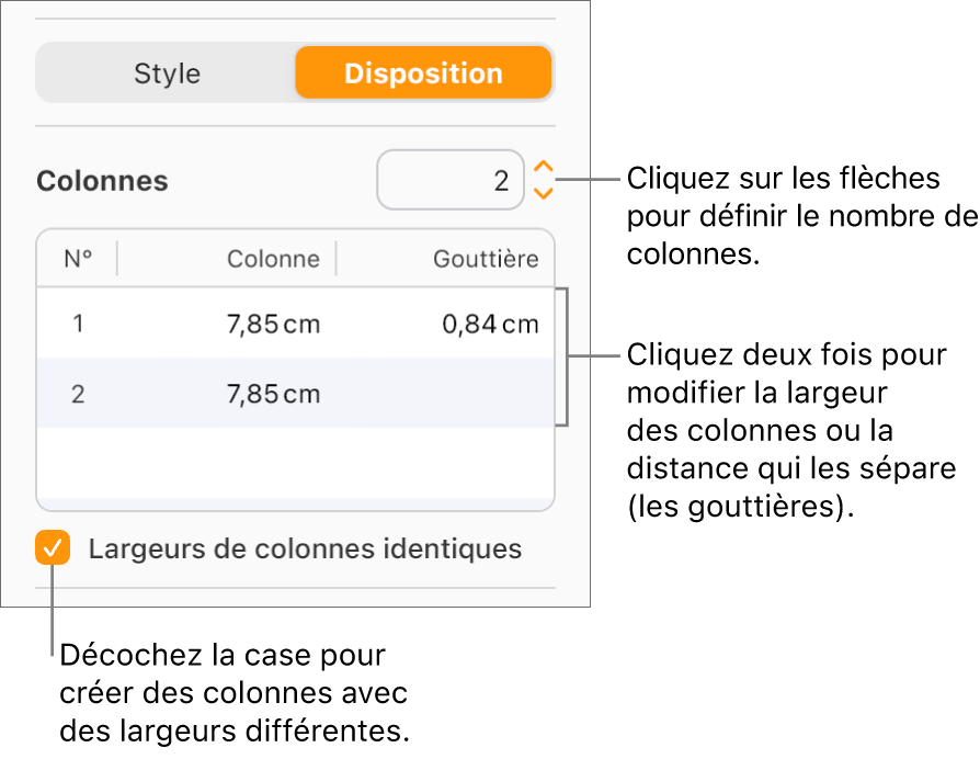 Commandes des colonnes de texte dans la section Disposition de la barre latérale Format.