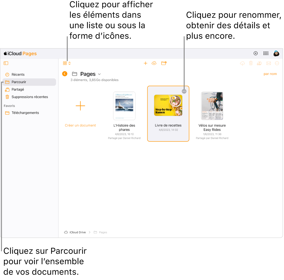 Le gestionnaire de documents en présentation de navigation, montrant des documents Pages sous forme d’icônes dans une grille. Le bouton Plus (trois points) est visible dans le coin supérieur droit du document sélectionné. Au-dessus des documents, le côté gauche de la barre d’outils dispose d’un menu local où vous pouvez choisir d’afficher les éléments sous forme d’icônes ou dans une liste. Sur le côté droit de la barre d’outils se trouvent des boutons permettant de télécharger, collaborer, envoyer un e-mail ou supprimer.