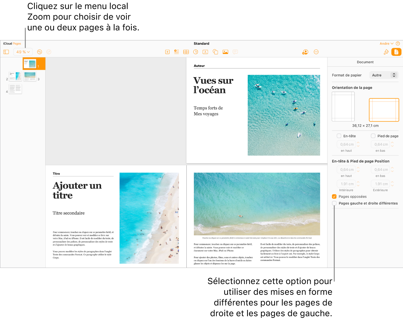 La fenêtre Pages pour iCloud avec vignettes de page et pages de document affichées sous forme de doubles pages. Dans la barre latérale Document sur la droite, la case Pages gauche et droite différentes est décochée.