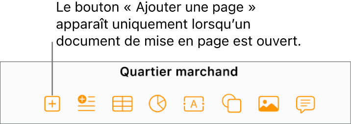 Partie centrale de la barre d’outils d’un document de mise en page, avec bouton Ajouter une page à gauche du bouton Insérer.
