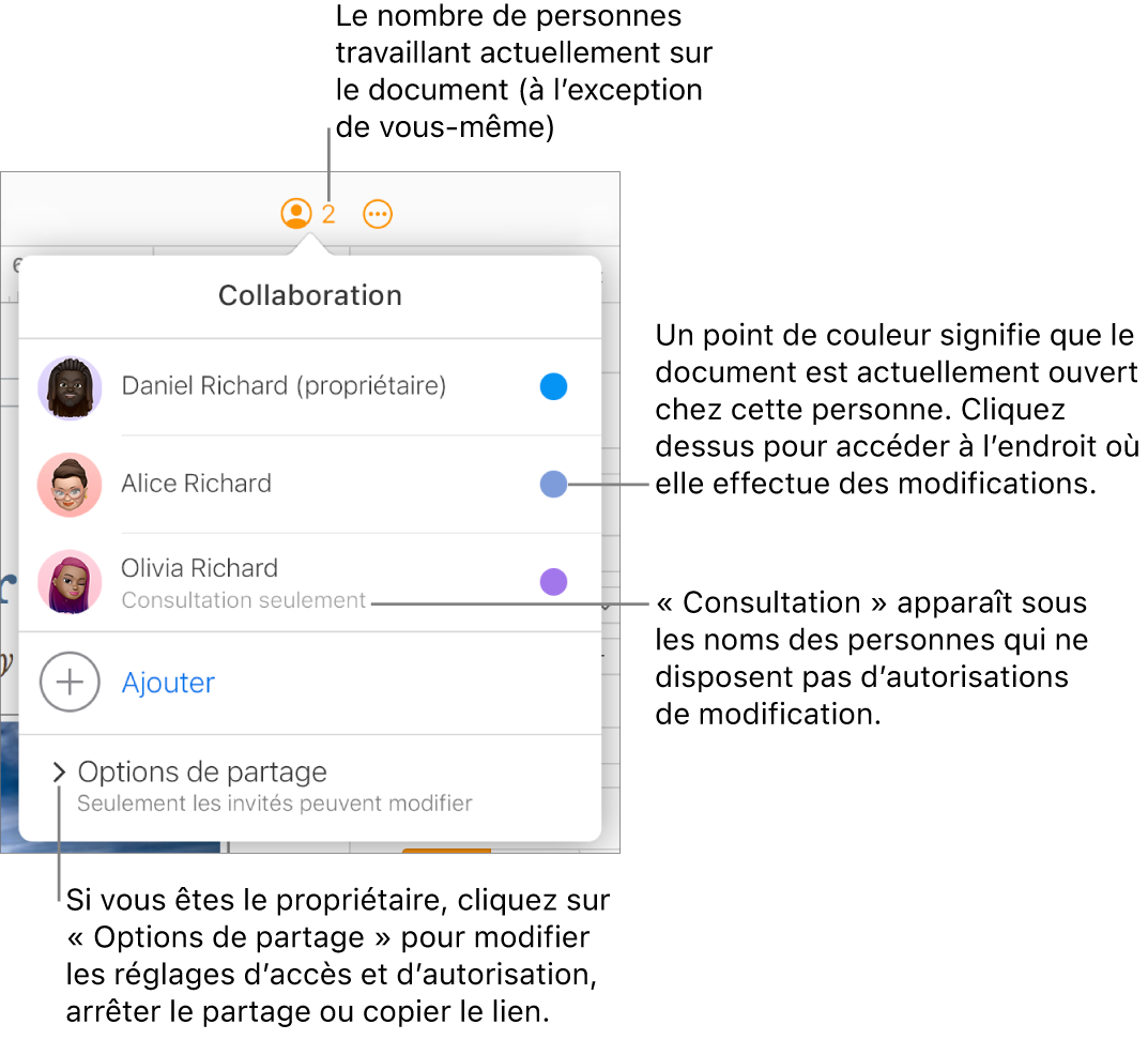 Le menu Collaboration est ouvert, avec une liste de trois participants (l’un d’eux ayant pour autorisation d’accès Consultation), une option Ajouter des personnes et une section Options de partage.