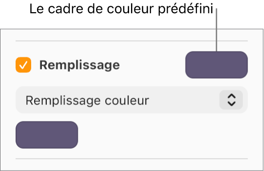 La case Remplissage est cochée et le cadre de couleur prédéfini situé sur la droite de cette case est rempli en violet. Sous la case à cocher, l’option Remplissage couleur est sélectionnée dans un menu local.