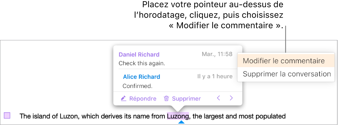 Un commentaire est ouvert, le pointeur se trouve sur l’horodatage, en haut, et le menu local propose deux options, à savoir Modifier un commentaire et Supprimer une conversation.