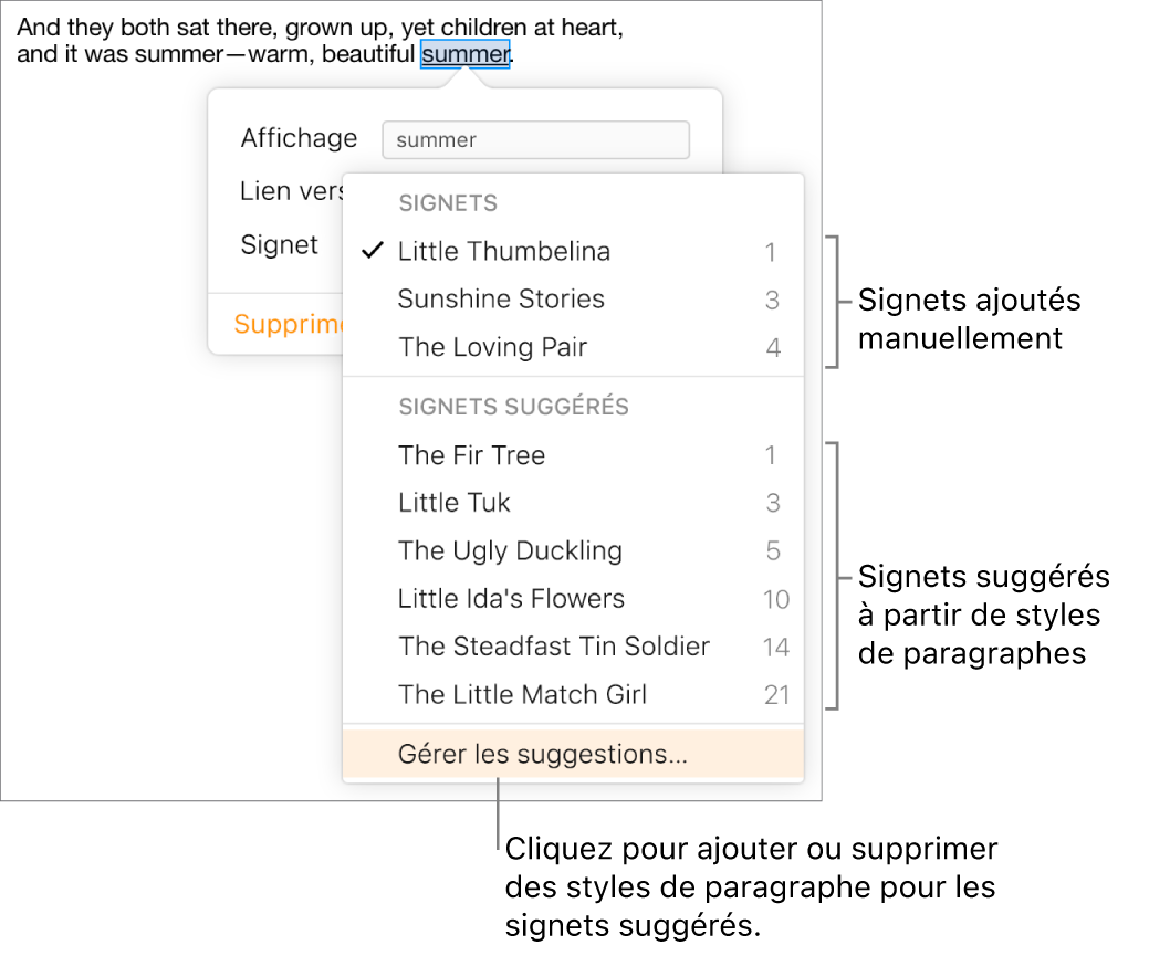 Liste des signets avec signets ajoutés manuellement en haut et signets suggérés au-dessous. L’option Gérer les suggestions est sélectionnée en bas du menu local.