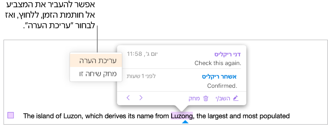 ההערה נפתחה וסמן העכבר מצביע על חותמת הזמן שנמצאת בחלקה העליון והתפריט הקופץ מציג שתי אפשרויות: ״עריכת הערה״ ו-״מחיקת שיחה״.