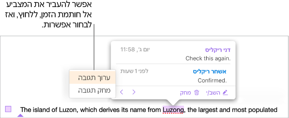 הערה עם תשובה, כאשר סמן העכבר מעל חותמת הזמן של התשובה; מופיע תפריט קופץ עם שתי אפשרויות: ״עריכת תגובה״ ו״מחיקת תגובה״.