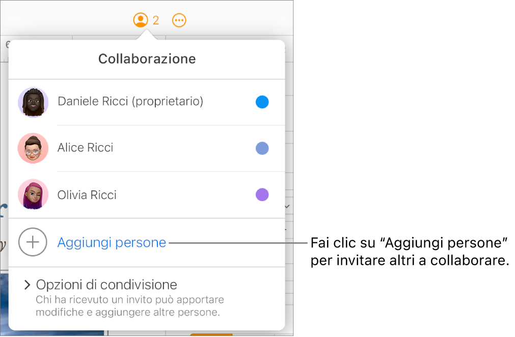 Il menu Collaborazione aperto, con un’opzione “Aggiungi persone” sotto l’elenco dei partecipanti.