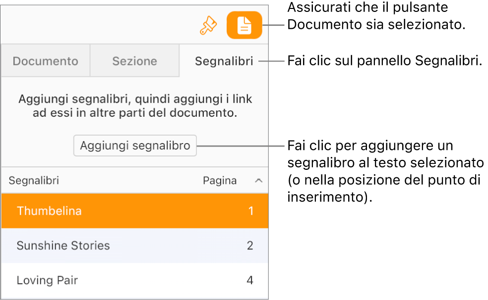 Il pannello Segnalibri è selezionato nella barra laterale Documento. Il pulsante “Aggiungi segnalibro” viene mostrato sopra un elenco di segnalibri che sono già stati aggiunti al documento.
