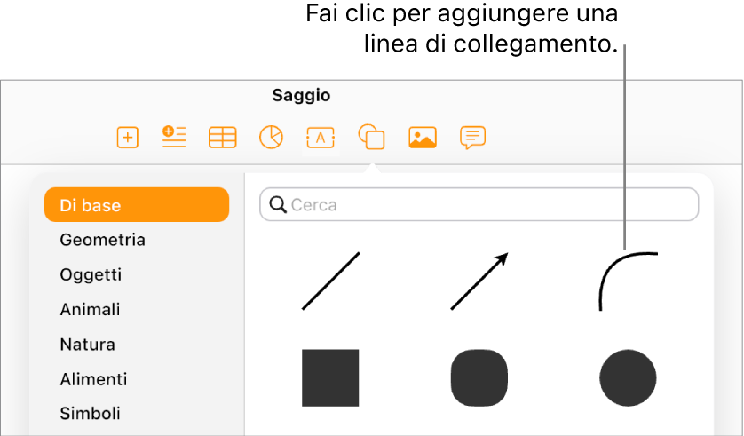 La libreria forme è aperta e l’opzione “Di base” a sinistra è selezionata; a destra sono visibili alcune linee e forme, tra cui una linea curva.