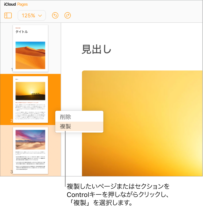 左サイドバーの複数のページを持つワードプロセッサ書類のページのサムネールには、選択したページが濃いオレンジ色で、同じセクションのもう一方のページが薄いオレンジ色で強調表示されています。ポップアップメニューには、選択したセクションを「削除」または「複製」するオプションがあります。