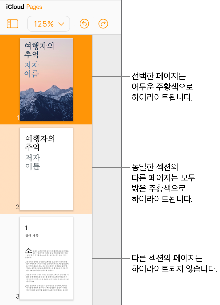 선택한 페이지가 어두운 주황색으로 하이라이트되어 있고 같은 섹션의 다른 페이지가 밝은 주황색으로 하이라이트되어 있는 왼쪽 사이드바의 페이지 썸네일. 다른 섹션의 페이지 뒤에는 하이라이트가 없습니다.