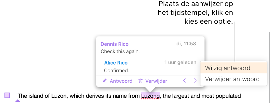 Een opmerking met een antwoord; de muisaanwijzer staat op het tijdstempel voor het antwoord; in een pop‑upmenu staan twee opties: 'Wijzig antwoord' en 'Verwijder antwoord'.