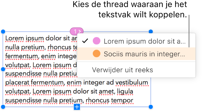 Het eerste tekstvak in een thread is geselecteerd en er is een pop‑upmenu geopend naast de cirkel boven het tekstvak. In het pop‑upmenu staat een vinkje naast de thread waar dit tekstvak bij hoort.