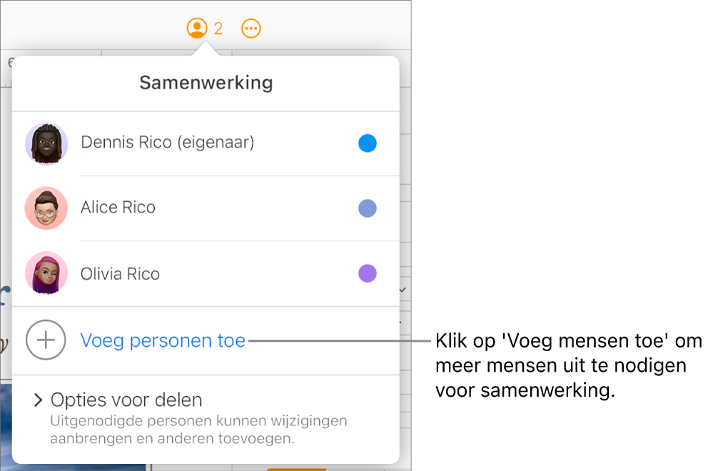Het geopende samenwerkingsmenu met de optie 'Voeg mensen toe' onder de lijst met deelnemers.