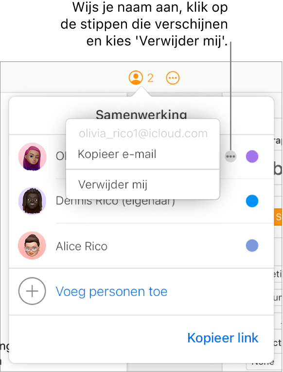 Het geopende samenwerkingsmenu met de knop 'Meer' rechts van de eerste deelnemer waarop is geklikt en de optie 'Verwijder mij'.