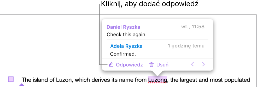 Komentarz z jedną odpowiedzią i łączem Odpowiedz w lewym dolnym rogu.