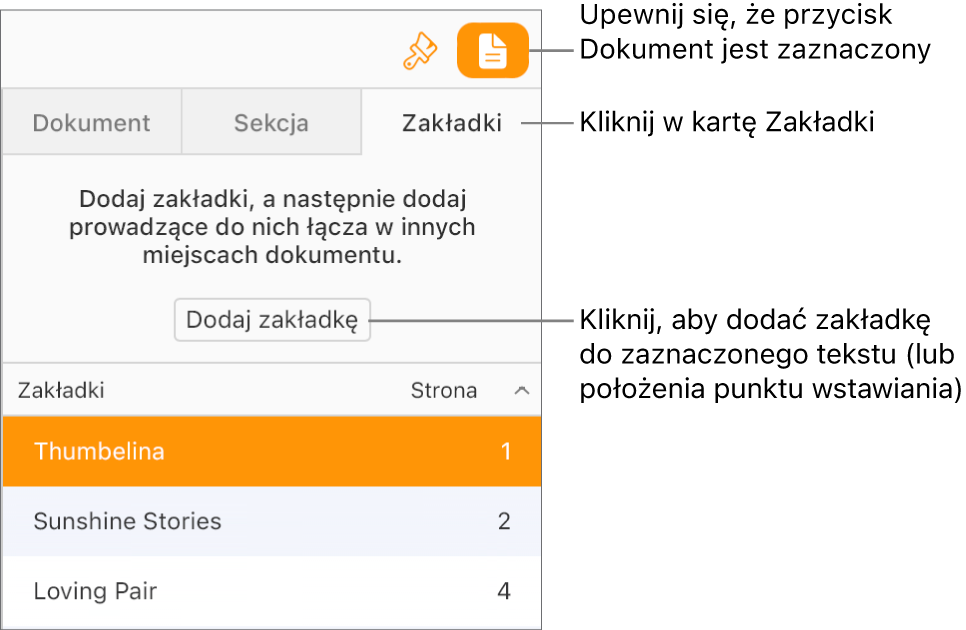 Na pasku bocznym Dokument wybrana jest karta Zakładki. Przycisk Dodaj zakładkę pojawia się nad listą zakładek, które zostały już dodane do dokumentu.