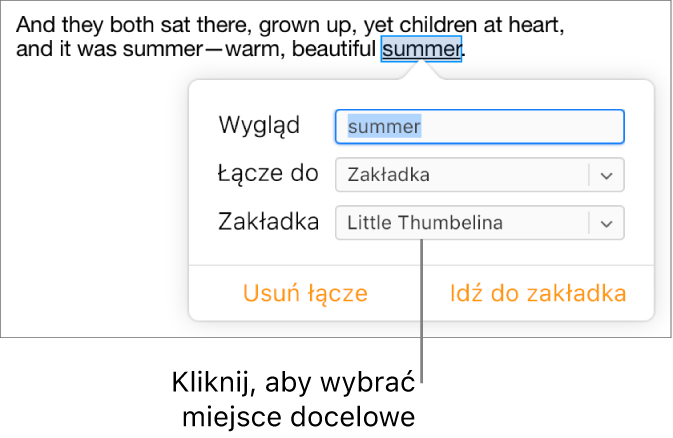 Tekst w dokumencie jest zaznaczony i podkreślony, a okno łącza pokazuje, że tekst jest połączony z zakładką.