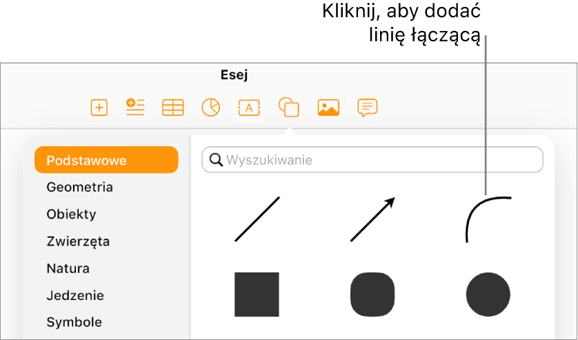Otwarta biblioteka kształtów z wybraną kategorią Podstawowe z lewej strony i różnymi liniami oraz kształtami (w tym linią krzywą) widocznymi z prawej strony.