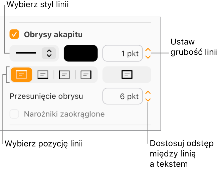 Na pasku bocznym Format, na karcie Układ zaznaczone jest pole wyboru Obrysy akapitu, a pod polem wyboru wyświetlane są narzędzia umożliwiające zmianę stylu, koloru, grubości, położenia i przesunięcia linii.