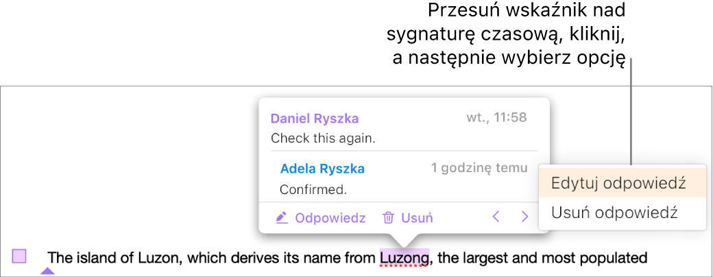 Komentarz z odpowiedzią i wskaźnik na sygnaturze czasowej odpowiedzi. Menu podręczne zawiera dwie opcje: Edytuj odpowiedź i Usuń odpowiedź.