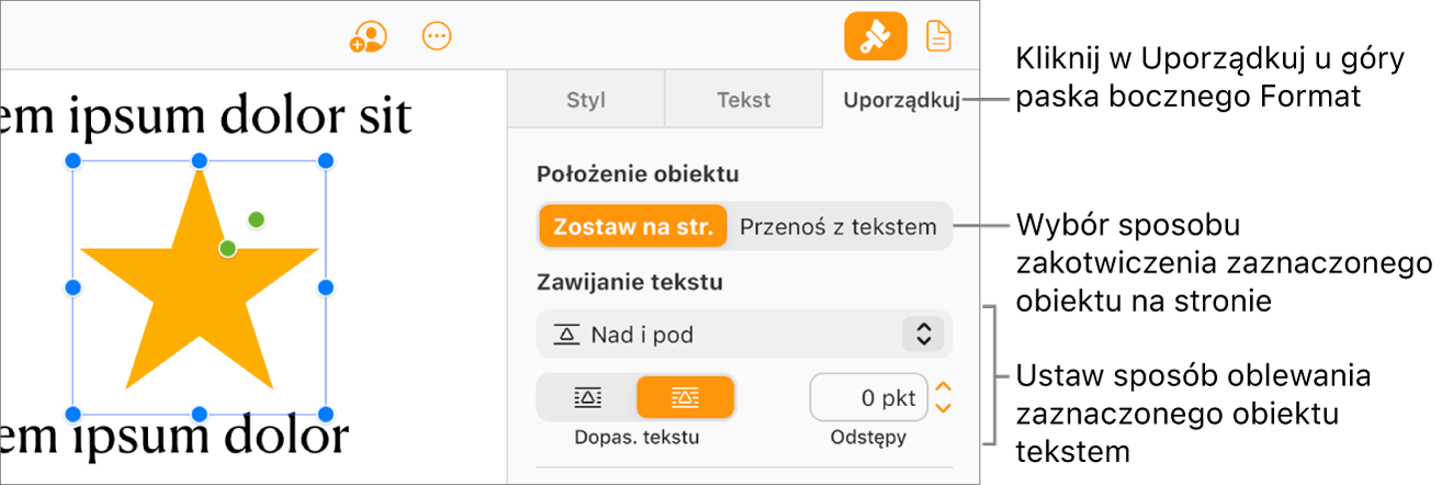 W treści dokumentu zaznaczony jest obrazek; na karcie Uporządkuj na pasku bocznym Format widać, że dla obiektu ustawiona jest opcja Zostaw na str., z zawijaniem tekstu nad i pod obiektem.