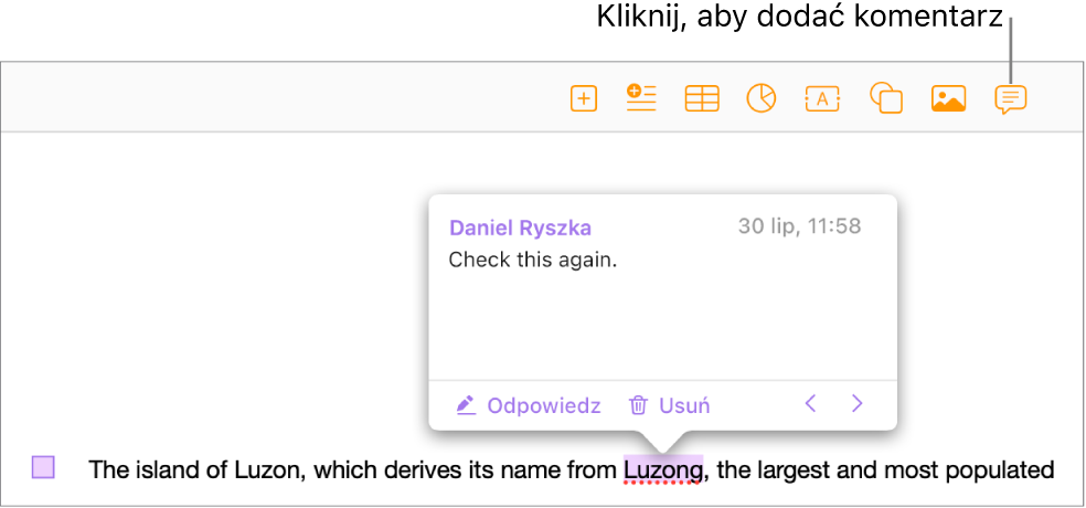 Komentarz dodany do tekstu w dokumencie. Tekst jest wyróżniony, a na lewym marginesie widać kwadratowy znacznik.