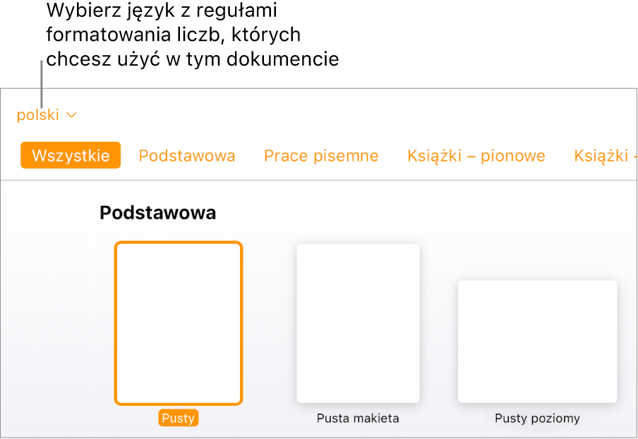Menu podręczne w lewej górnej części palety szablonów z wybraną opcją Angielski (USA).