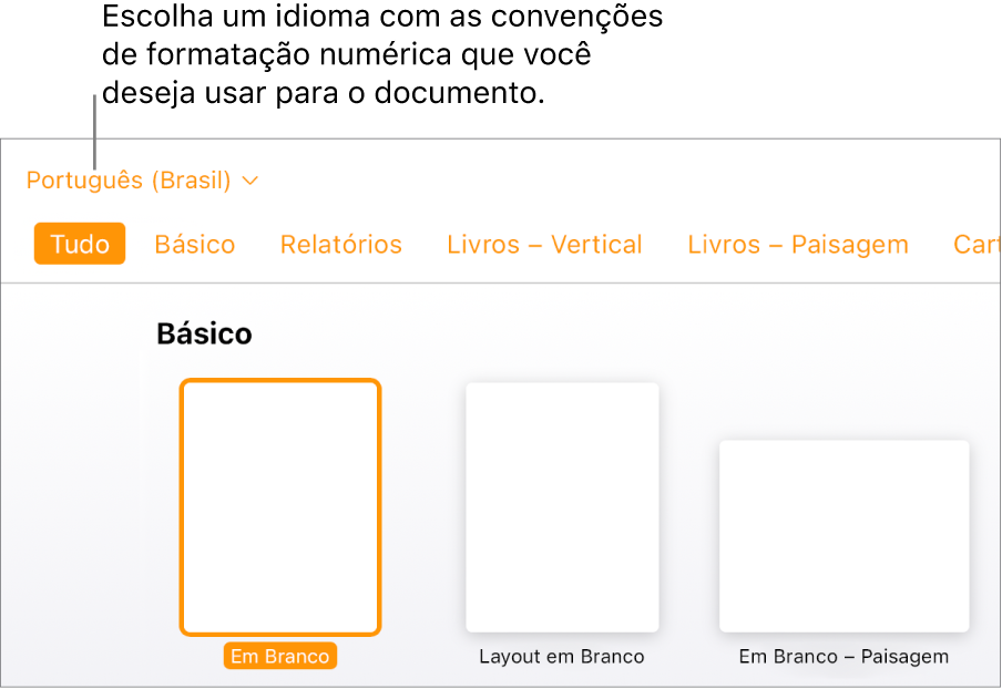O menu pop-up na lateral superior esquerda do seletor de modelos com inglês (Estados Unidos) selecionado.
