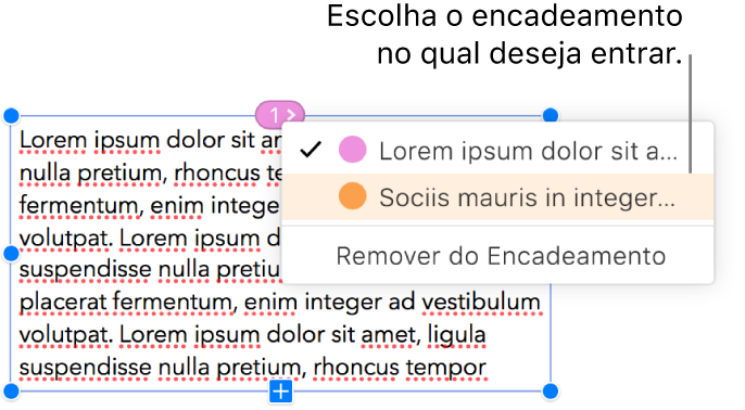 A primeira caixa de texto de um encadeamento está selecionada, e um menu pop-up ao lado do círculo na parte superior da caixa de texto está aberto. No menu pop-up, há uma marca de verificação ao lado do encadeamento ao qual essa caixa de texto pertence.