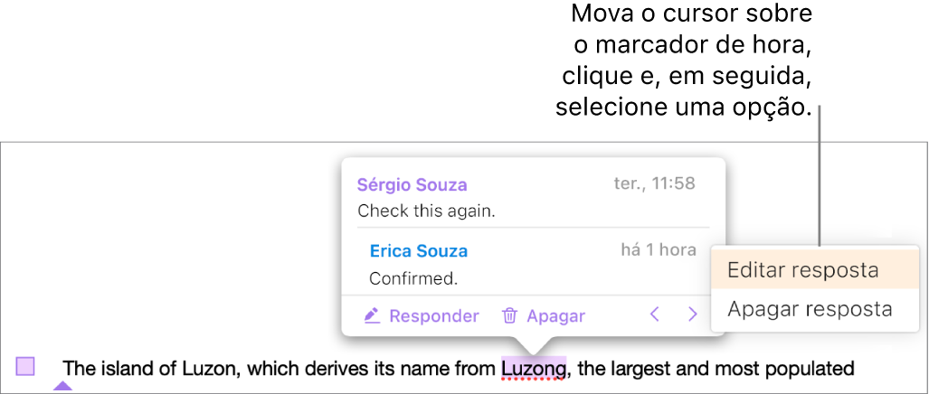 Um comentário com uma resposta e o cursor sobre o marcador de hora para a resposta; um menu pop-up apresenta duas opções: Editar Resposta e Apagar Resposta.