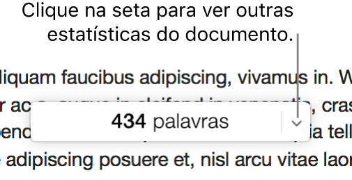 O menu pop-up de estatísticas do documento a apresentar a contagem de palavras.