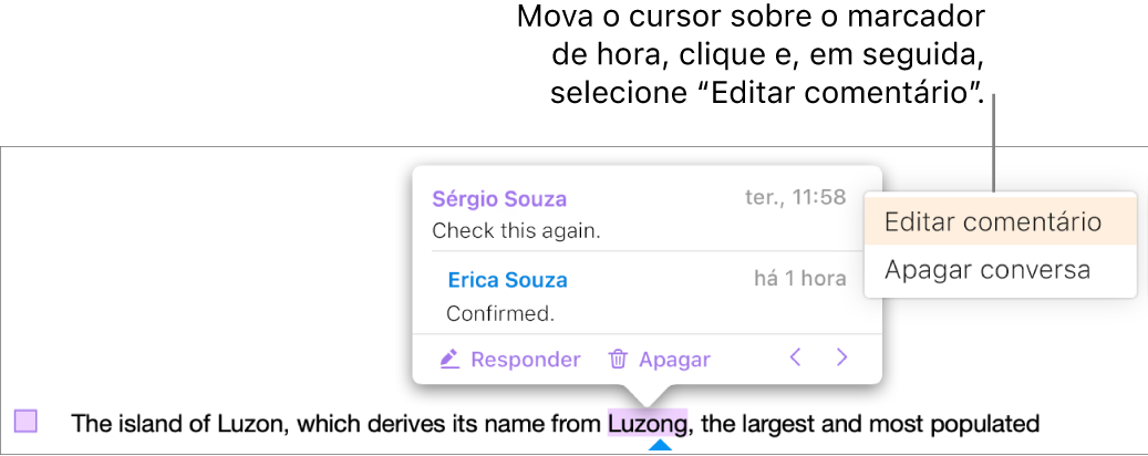 Um comentário está aberto, o cursor está sobre o marcador de hora e o menu pop-up apresenta duas opções, "Editar comentário” e “Apagar conversação”.