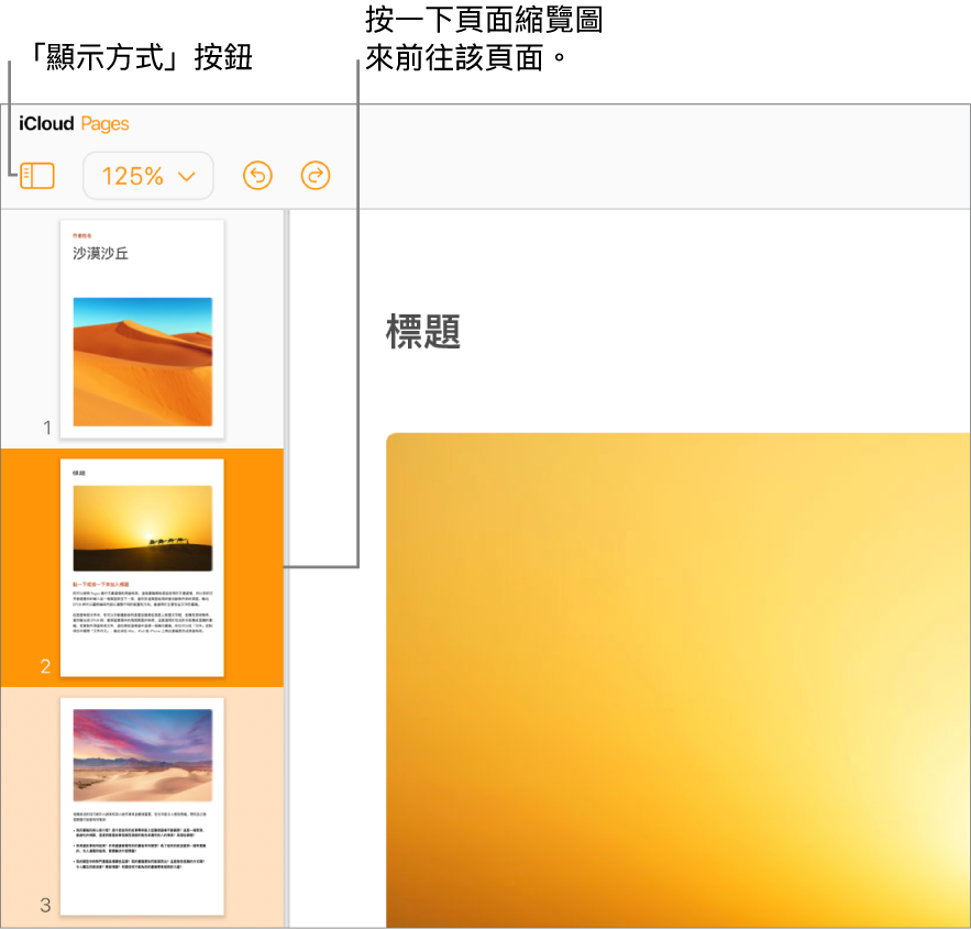 畫面左側的「頁面縮覽圖」,已選取一個頁面。「顯示方式」按鈕位於縮覽圖上方的工具列中。